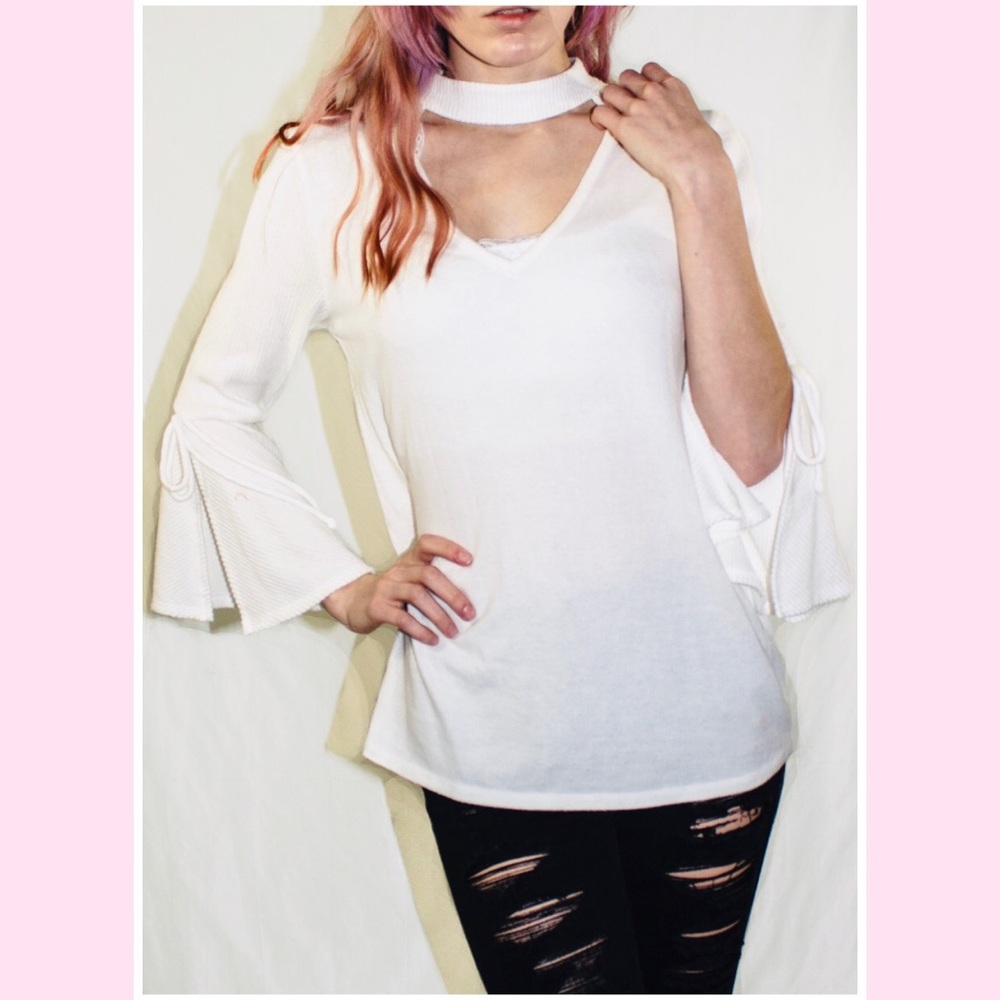 B•WEAR Deep V Faux Choker BoHo Top Open Sleeves